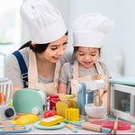 Set da cucina per simulazione per bambini. Taglio di cibo in legno per bambini. Fai finta di giocare a un giocattolo, Bread Maker, Coffee Machine, Juicer, Blender, Mini Oven, Delicious Salad Set, Waffles