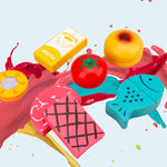 Set da cucina per simulazione per bambini. Taglio di cibo in legno per bambini. Fai finta di giocare a un giocattolo, Bread Maker, Coffee Machine, Juicer, Blender, Mini Oven, Delicious Salad Set, Waffles