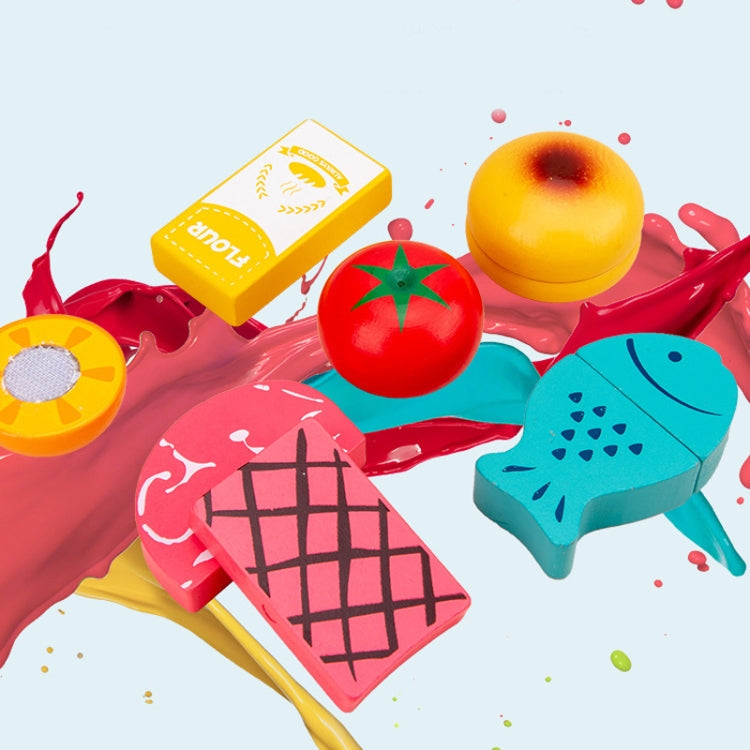 Set da cucina per simulazione per bambini. Taglio di cibo in legno per bambini. Fai finta di giocare a un giocattolo, Bread Maker, Coffee Machine, Juicer, Blender, Mini Oven, Delicious Salad Set, Waffles