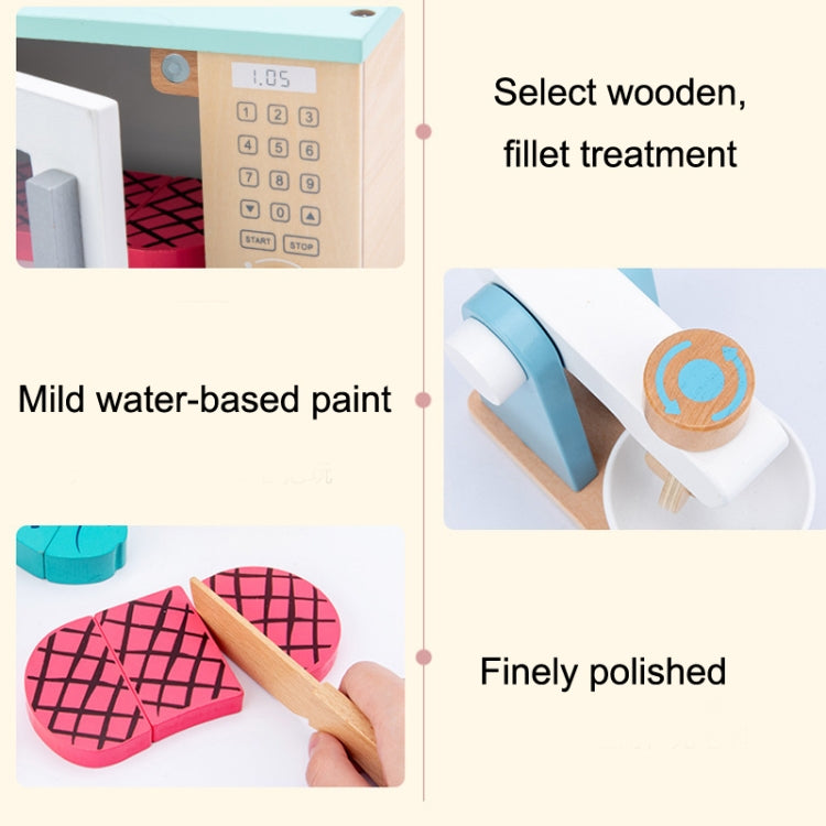Set da cucina per simulazione per bambini. Taglio di cibo in legno per bambini. Fai finta di giocare a un giocattolo, Bread Maker, Coffee Machine, Juicer, Blender, Mini Oven, Delicious Salad Set, Waffles