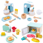Set da cucina per simulazione per bambini. Taglio di cibo in legno per bambini. Fai finta di giocare a un giocattolo, Bread Maker, Coffee Machine, Juicer, Blender, Mini Oven, Delicious Salad Set, Waffles