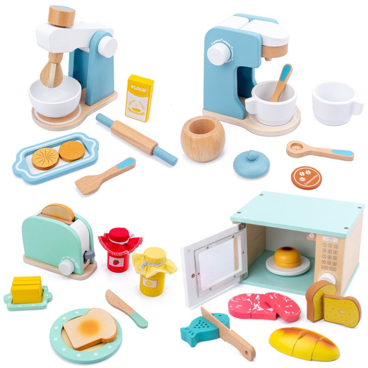 Set da cucina per simulazione per bambini. Taglio di cibo in legno per bambini. Fai finta di giocare a un giocattolo, Bread Maker, Coffee Machine, Juicer, Blender, Mini Oven, Delicious Salad Set, Waffles