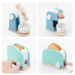 Set da cucina per simulazione per bambini. Taglio di cibo in legno per bambini. Fai finta di giocare a un giocattolo, Bread Maker, Coffee Machine, Juicer, Blender, Mini Oven, Delicious Salad Set, Waffles
