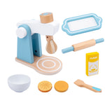 Set da cucina per simulazione per bambini. Taglio di cibo in legno per bambini. Fai finta di giocare a un giocattolo, Bread Maker, Coffee Machine, Juicer, Blender, Mini Oven, Delicious Salad Set, Waffles