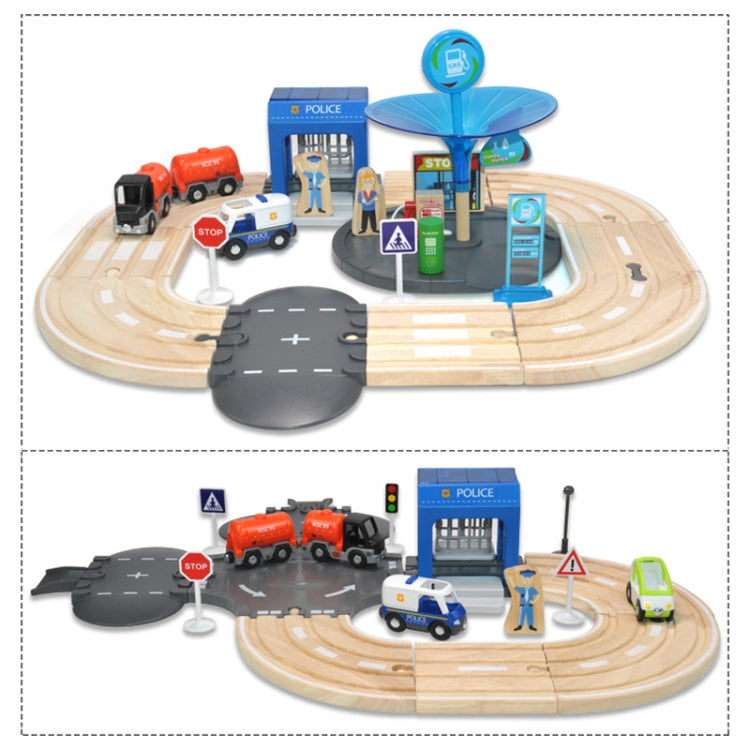 Set multifunzionale di binari stradali della stazione di polizia in legno Set di blocchi di costruzione per bambini Giocattoli educativi per la prima educazione, Police Station Road Track Set