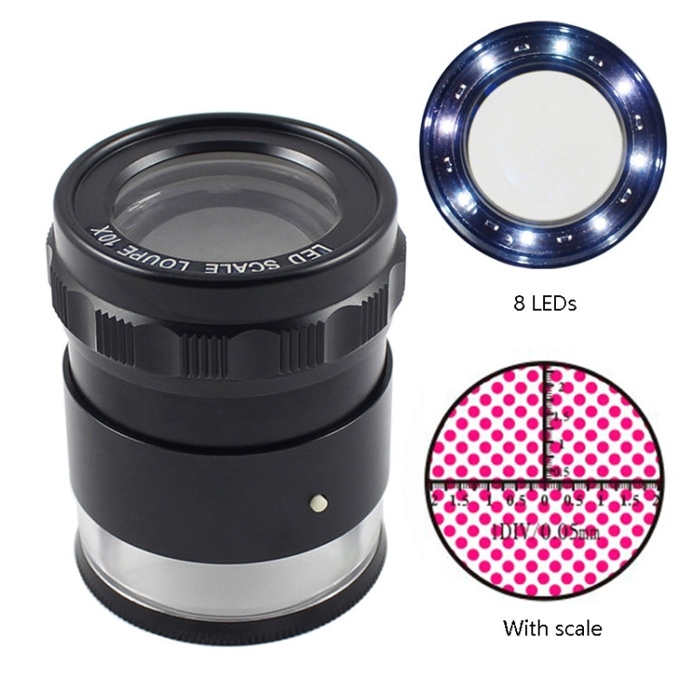Lente d'ingrandimento 10x con 8 luci LED e scala graduata