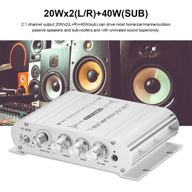 ST-838 Mini Digital Hi-Fi Amplificatore di potenza a 2.1 canali Lettore audio per basso stereo CD MP3 MP4 Altoparlante per PC, US Plug, EU Plug