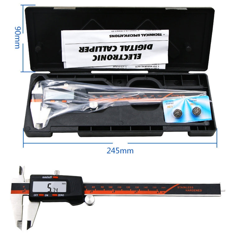 Calibro a corsoio elettronico ad alta precisione con display digitale, corpo in plastica, 0-150 mm, 2 Units of mm/inch, 3 Units of mm/in/f