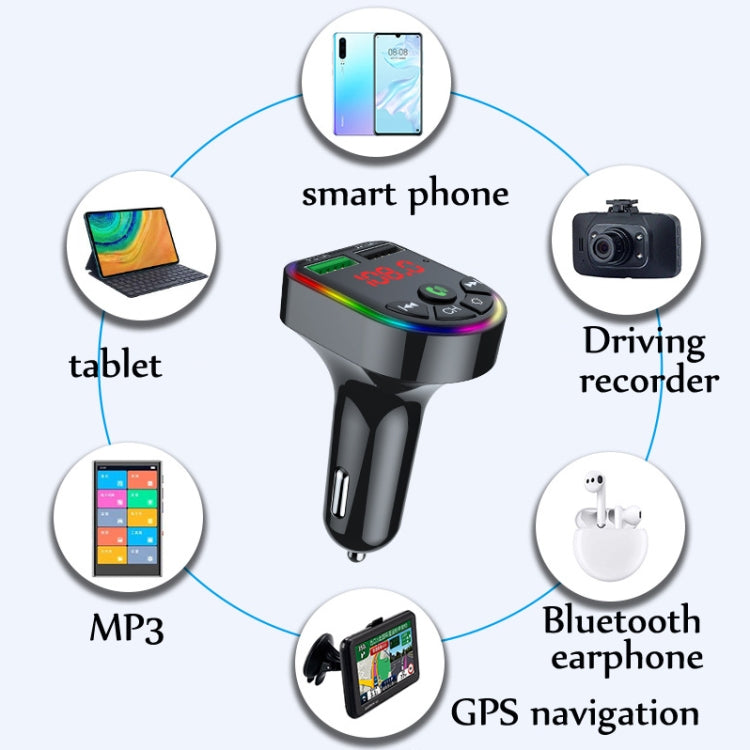 F5 Trasmettitore FM per auto Lettore musicale MP3 vivavoce Bluetooth Atmosfera colorata Luce, F5