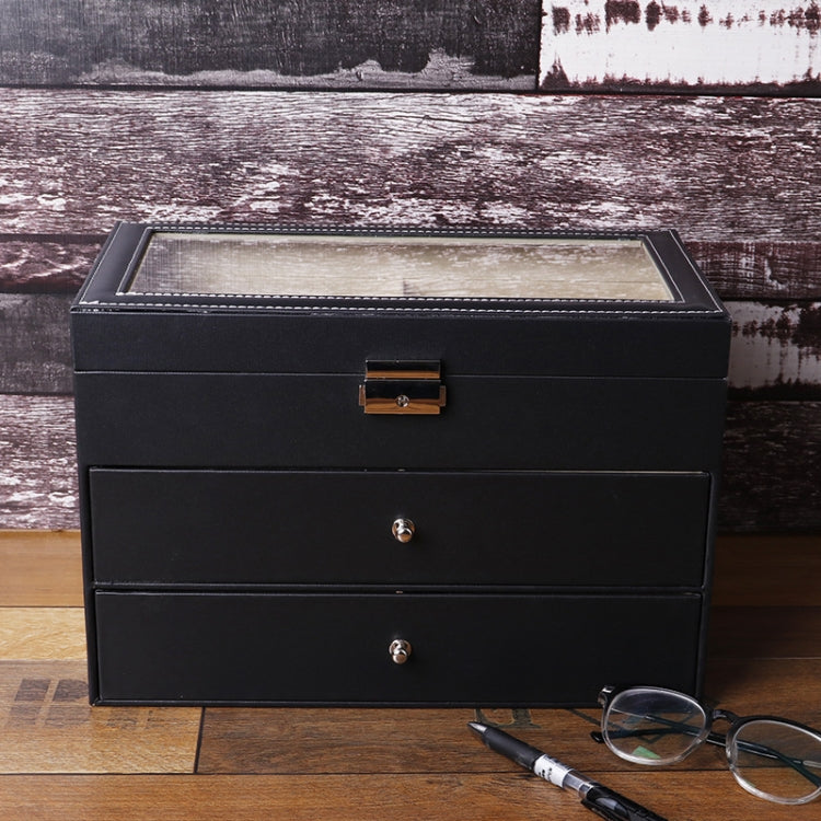 Custodia per occhiali a tre strati con 18 griglie Scatola di imballaggio per esposizione di occhiali da sole in pelle PU personalizzata, Size: 33.5x19.5x22.5 cm