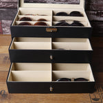 Custodia per occhiali a tre strati con 18 griglie Scatola di imballaggio per esposizione di occhiali da sole in pelle PU personalizzata, Size: 33.5x19.5x22.5 cm