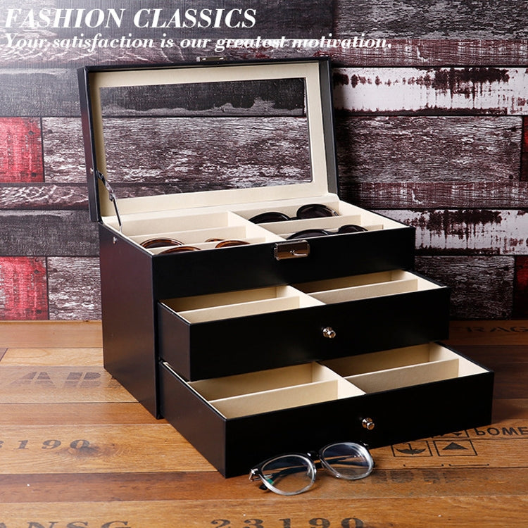 Custodia per occhiali a tre strati con 18 griglie Scatola di imballaggio per esposizione di occhiali da sole in pelle PU personalizzata, Size: 33.5x19.5x22.5 cm