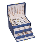 Scatola porta orecchini per gioielli con cassetto in pelle a tre strati con serratura, Three-Layer (Nude Pink), Three-Layer (Navy Blue), Three-Layer (Creamy White), Three-Layer (Dark Green)