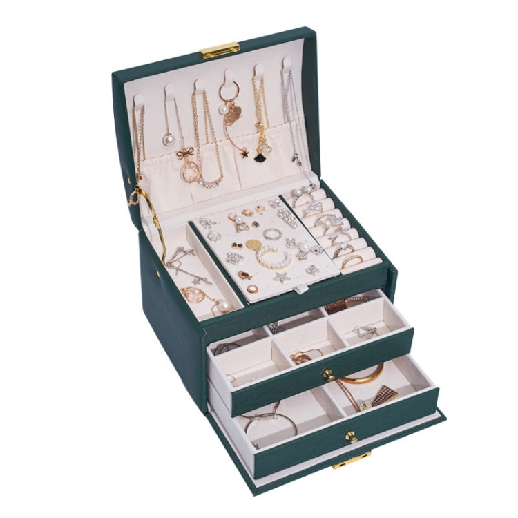 Scatola porta orecchini per gioielli con cassetto in pelle a tre strati con serratura, Three-Layer (Nude Pink), Three-Layer (Navy Blue), Three-Layer (Creamy White), Three-Layer (Dark Green)