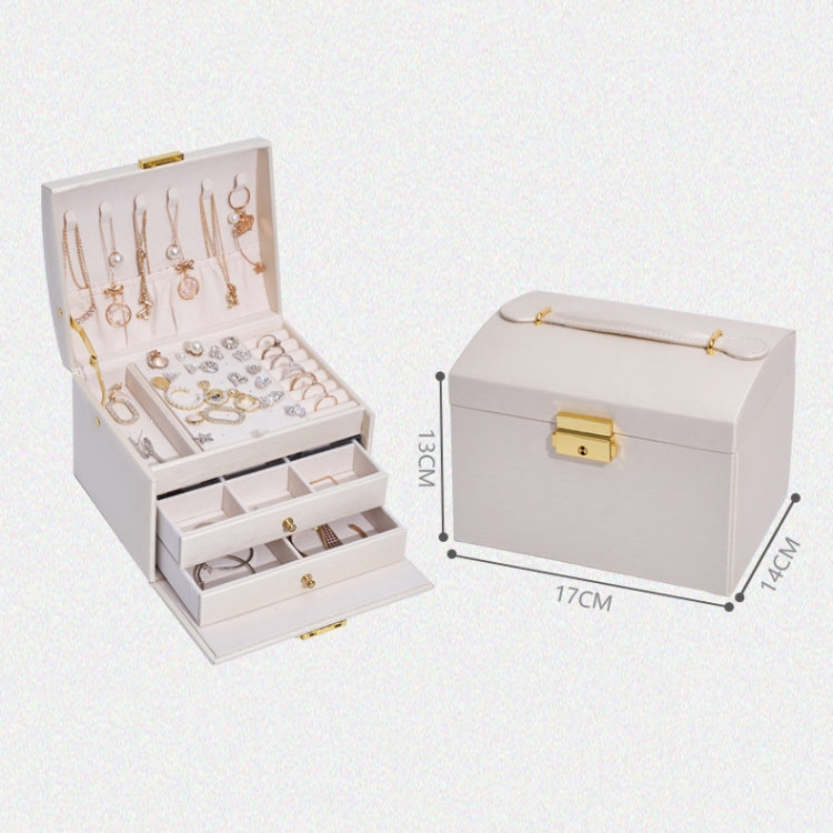 Scatola porta orecchini per gioielli con cassetto in pelle a tre strati con serratura, Three-Layer (Nude Pink), Three-Layer (Navy Blue), Three-Layer (Creamy White), Three-Layer (Dark Green)