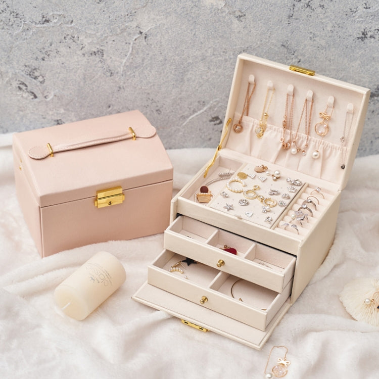 Scatola porta orecchini per gioielli con cassetto in pelle a tre strati con serratura, Three-Layer (Nude Pink), Three-Layer (Navy Blue), Three-Layer (Creamy White), Three-Layer (Dark Green)