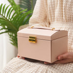Scatola porta orecchini per gioielli con cassetto in pelle a tre strati con serratura, Three-Layer (Nude Pink), Three-Layer (Navy Blue), Three-Layer (Creamy White), Three-Layer (Dark Green)