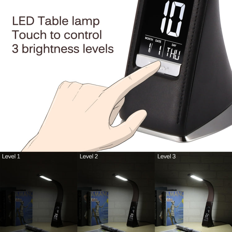 Lampada da scrivania a LED con struttura in pelle dimmerabile a 3 livelli U2 5W con display temperatura/orologio/calendario, Black