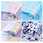 2 adesivi murali per piastrelle antifumo da cucina, carta da parati per stufa, Happy Every Day, Purple Vine, Blossoming Flowers, Blue Ans White Porcelain
