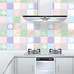 2 adesivi murali per piastrelle antifumo da cucina, carta da parati per stufa, Happy Every Day, Purple Vine, Blossoming Flowers, Blue Ans White Porcelain