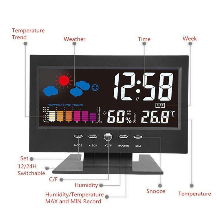 8082T Orologio delle previsioni del tempo Schermo a colori a LED Calendario perpetuo Temperatura e umidità Controllo vocale intelligente Allarme elettronico,Specifica:, Black, Black + USB
