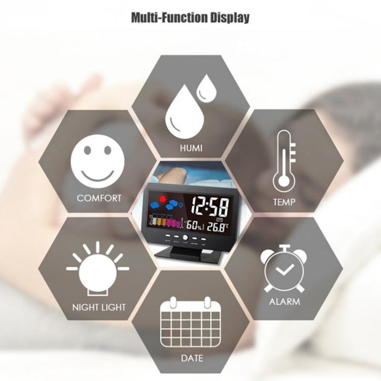 8082T Orologio delle previsioni del tempo Schermo a colori a LED Calendario perpetuo Temperatura e umidità Controllo vocale intelligente Allarme elettronico,Specifica:, Black, Black + USB