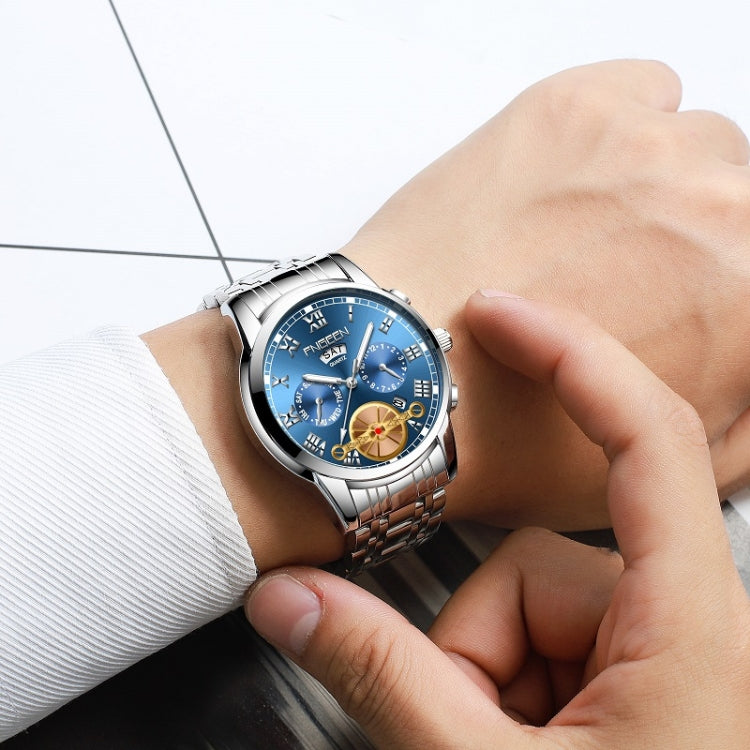 Orologio al quarzo multifunzione FNGEEN 4001 da uomo non meccanico, Gold Blue Surface, Gold White Surface, White Steel Blue Surface, White Steel White Surface, Brown Leather Gold Blue Surface, Brown leather Gold White Surface                           ...