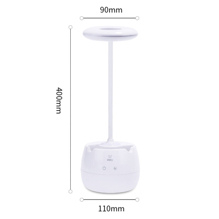 Deli 4326 Lampada da tavolo con ricarica USB ad anello regolabile a tre velocità con portapenne