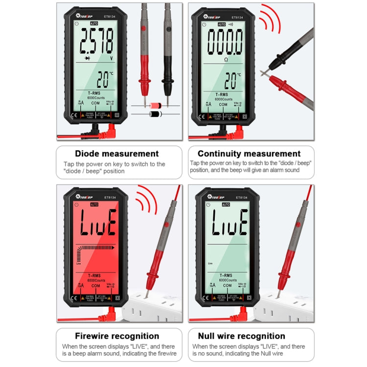 TOOLTOP ET8134 Multimetro a schermo intero LCD da 4,7 pollici con funzione di allarme cambio colore, ET8134