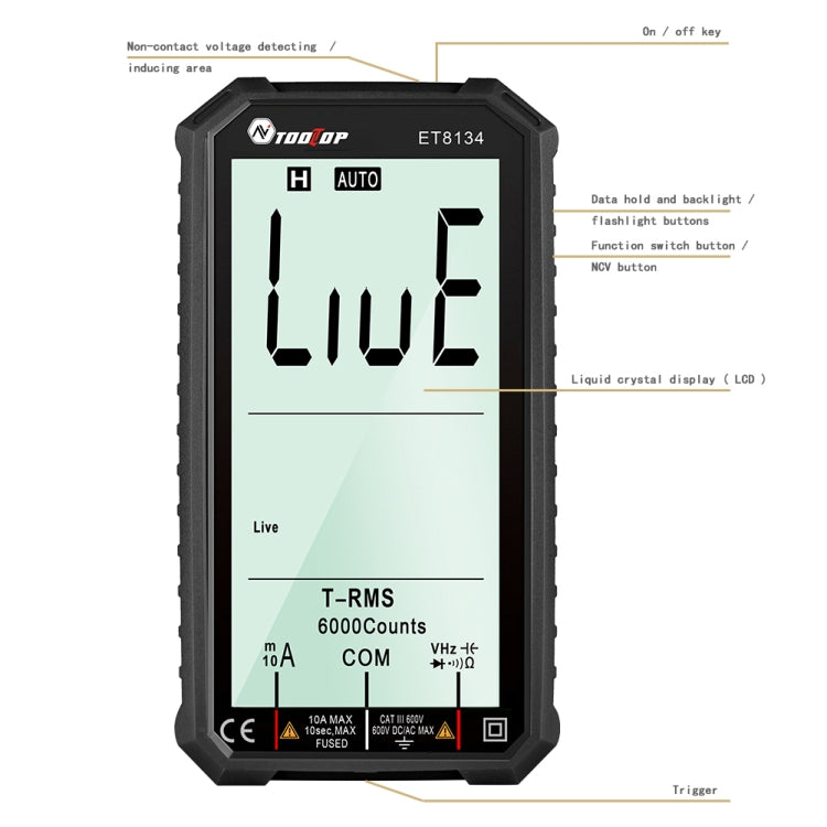 TOOLTOP ET8134 Multimetro a schermo intero LCD da 4,7 pollici con funzione di allarme cambio colore, ET8134