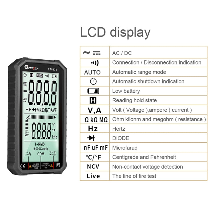 TOOLTOP ET8134 Multimetro a schermo intero LCD da 4,7 pollici con funzione di allarme cambio colore, ET8134