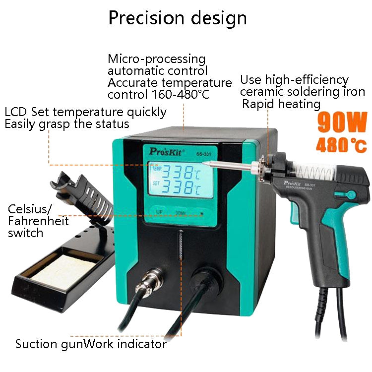 ProsKit SS-331H Dispositivo di aspirazione della latta di calore elettrico Dispositivo di dissaldatura della pompa di aspirazione completamente automatico, spina americana