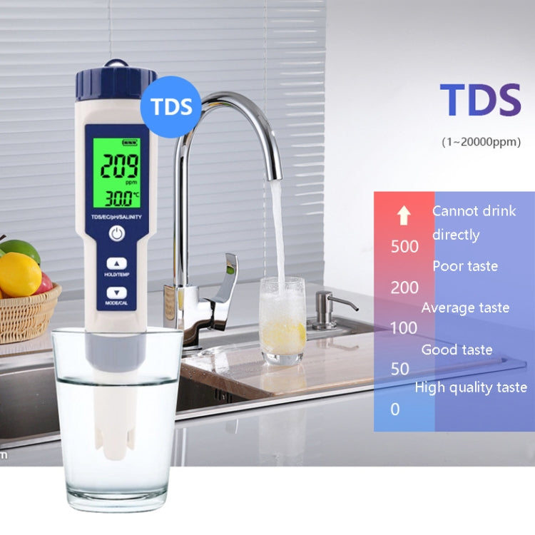 EZ-9909 PH/Salinità/Temperatura/TDS/EC Penna di prova 5 in 1 Rilevatore multifunzionale della qualità dell'acqua, 5-in-1 Test Pen