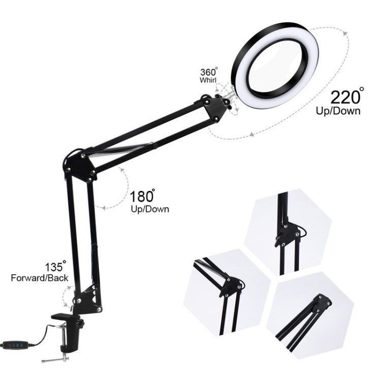 Protezione per gli occhi a LED Luce per libro da lettura Clip pieghevole USB Lente d'ingrandimento Luce per manutenzione elettronica, 5X-S (Black)