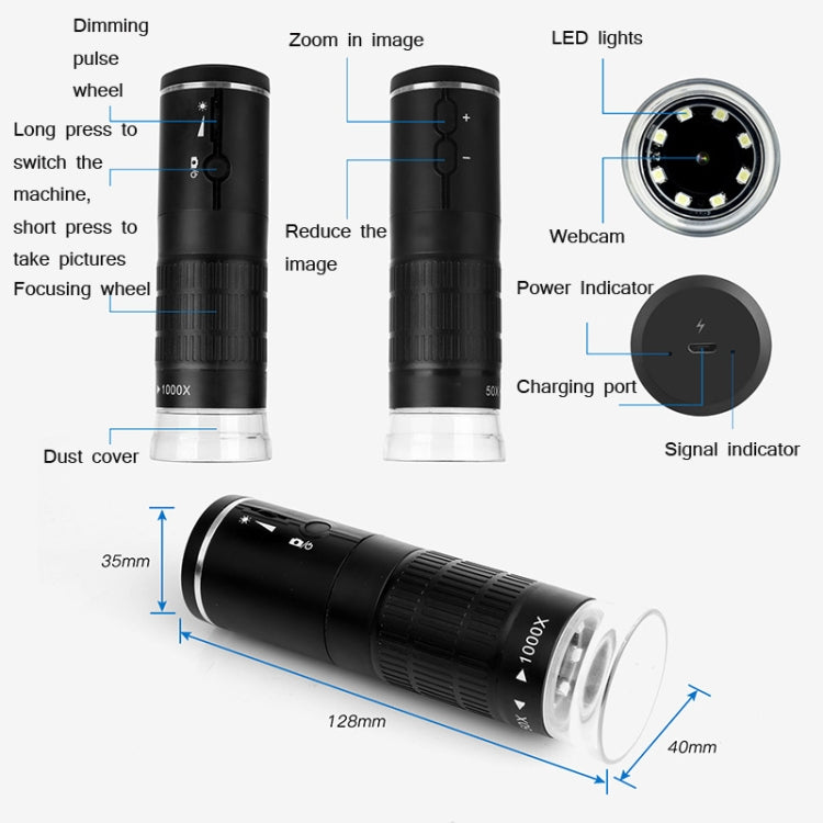 Lente d'ingrandimento portatile con microscopio elettronico WIFI per telefono cellulare digitale HD, 50X-1000X