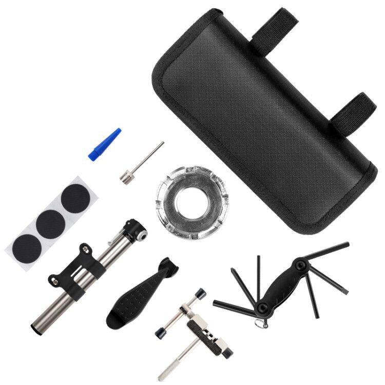 Kit riparazione bici con pompa, taglierina e chiave raggi