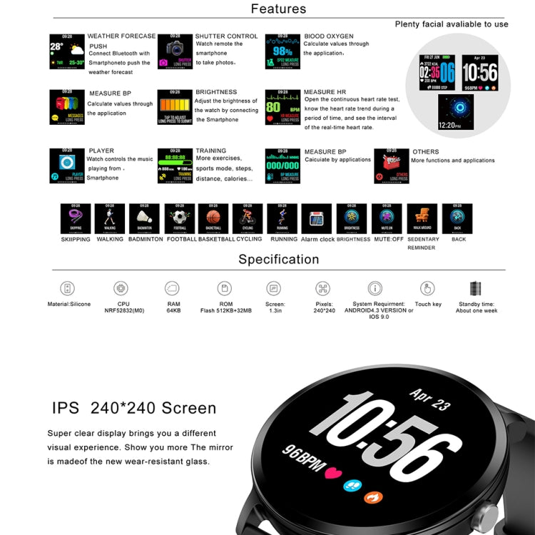 V11 Smartwatch Monitoraggio della pressione sanguigna della frequenza cardiaca in tempo reale Modalità multi-sport Smartwatch con luce respiratoria per telefono Android IOS