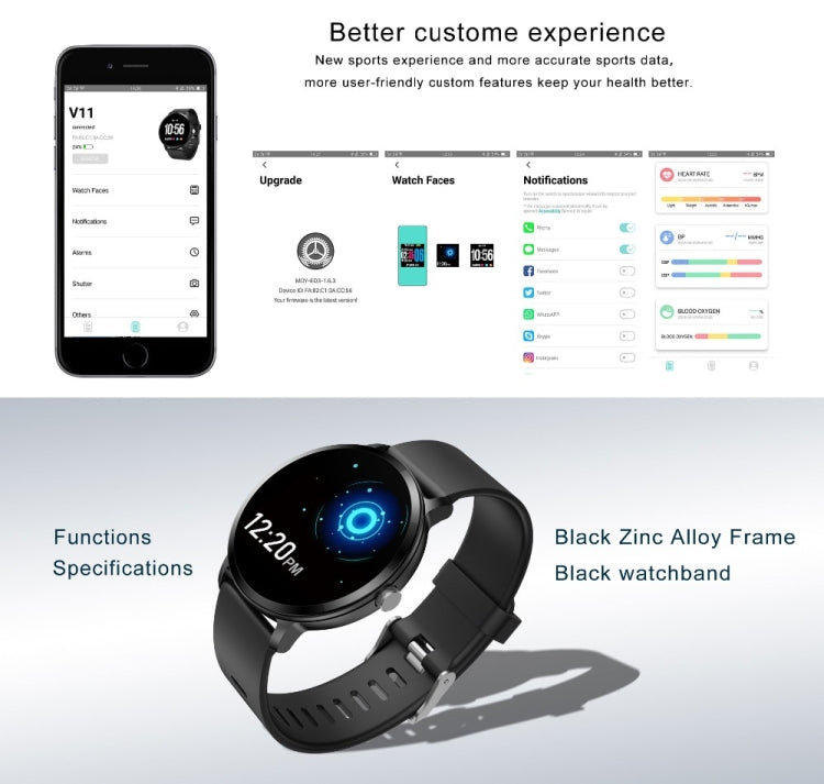 V11 Smartwatch Monitoraggio della pressione sanguigna della frequenza cardiaca in tempo reale Modalità multi-sport Smartwatch con luce respiratoria per telefono Android IOS