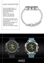 NX02 Sport Smartwatch IP67 Supporto impermeabile Tracker Calorie Pedometro Smartwatch Cronometro Chiama SMS Promemoria
