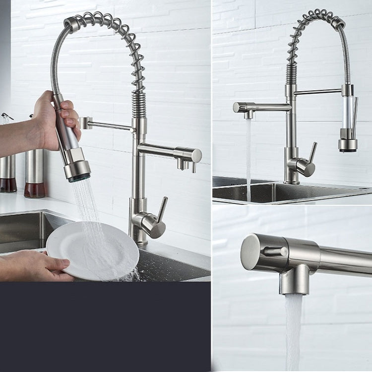 Rubinetto per acqua calda e fredda da cucina girevole con rubinetto a molla a doppia uscita spazzolato in rame e nichel, Brushed Silver