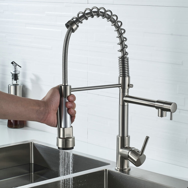 Rubinetto per acqua calda e fredda da cucina girevole con rubinetto a molla a doppia uscita spazzolato in rame e nichel, Brushed Silver