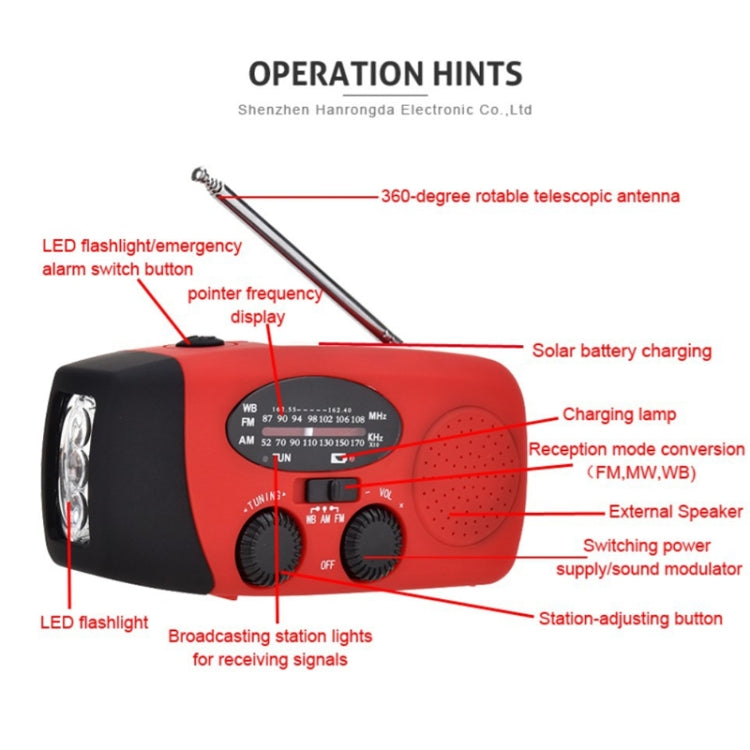 HRD-902 Manovella multifunzionale Energia solare Torcia a LED Allarme di emergenza Radio FM