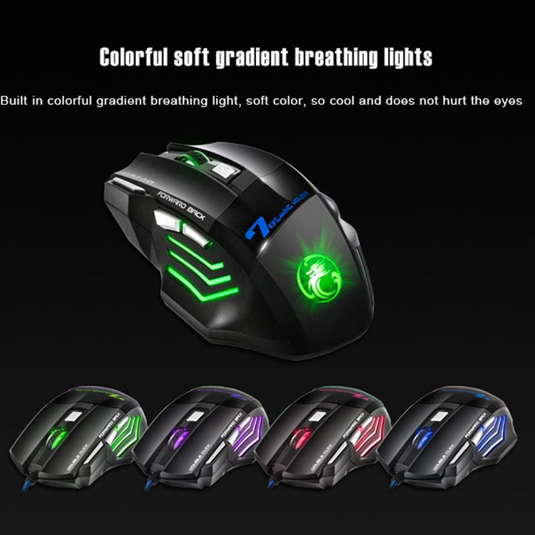 Mouse da gioco cablato IMICE X7 2400 DPI a 7 tasti con luce respiratoria colorata, lunghezza cavo: 1,8 m