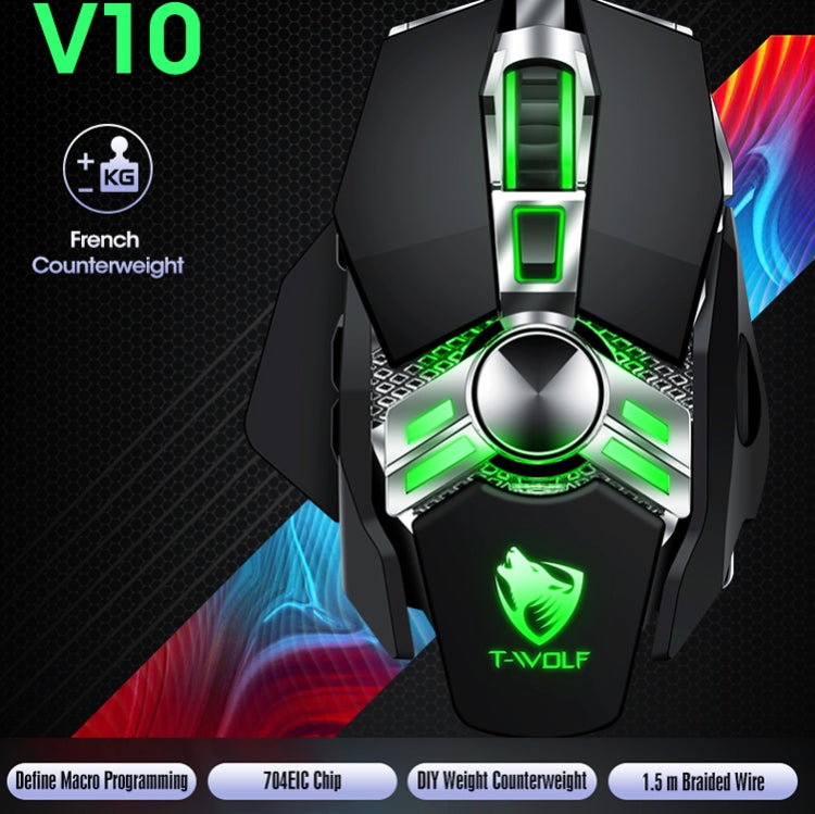 T-WOLF V10 Interfaccia USB 7 pulsanti Mouse da gioco cablato da 6400 DPI Programmazione macro personalizzata Mouse da gioco con luce respiratoria a 4 colori, Lunghezza cavo: 1,5 m