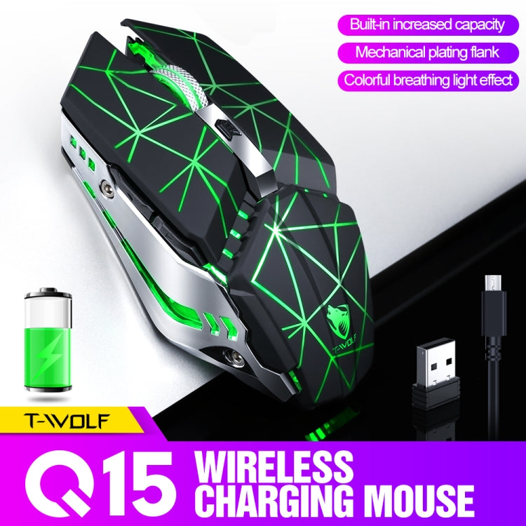 Mouse da gioco da ufficio silenzioso ricaricabile wireless T-WOLF Q15 a 6 pulsanti 1600 DPI con luce respiratoria a 7 colori