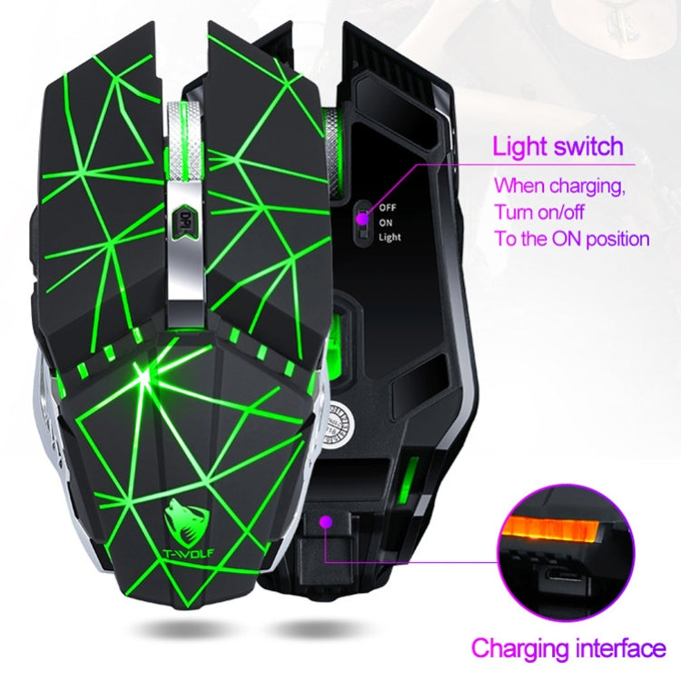 Mouse da gioco da ufficio silenzioso ricaricabile wireless T-WOLF Q15 a 6 pulsanti 1600 DPI con luce respiratoria a 7 colori