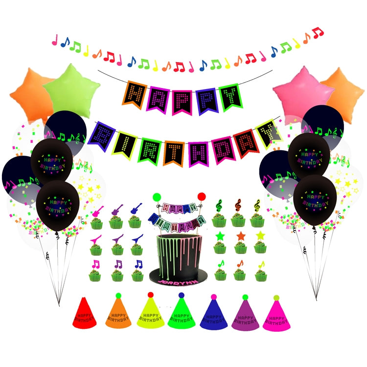 Decorazioni per feste fluorescenti Lettere fluorescenti Compleanno Tirare bandiera Torta Inserto Set di palloncini, 54 In 1, 43 In 1