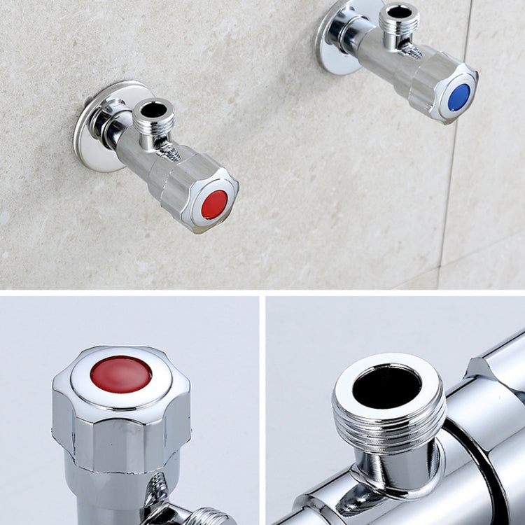 Valvola ad angolo di trafilatura galvanica da 2 pezzi in acciaio inossidabile con doppia uscita, maniglia singola, doppio controllo, 1 ingresso e 2 uscite, Plated, Drawing, Three Round Plated Cold Water, Three Round Plated Hot Water                    ...