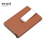 Custodia per carte di credito in lega di alluminio Scatola per carte in metallo antimagnetico RFID, Microfiber Leather Black, Microfiber Leather Apricot