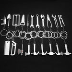 Ciondolo portachiavi per auto con portachiavi in metallo da 10 pezzi, H-540 Activity Wrench, H-389 Hex Wrench, H-391 Glossy Ax, H-388 Thread Ax, H-395 Double Head Wrench, H-405 Double Row Saw, H-402 Hand Saw, H-541 Crooked Nose Pliers, H-399 Pliers  ...